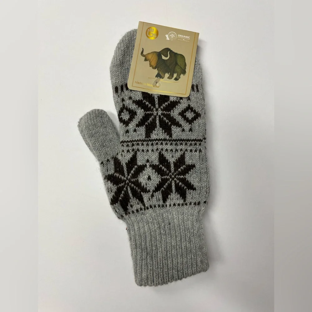 Yak wool blend double mittens grey brown S-M Mongolia Organic Certified